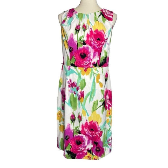 Dress Barn Pink Yellow Floral Sleeveless Pleated Neck Sheath Dress - Size 10 - Picture 1 of 15